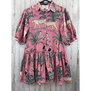 Fox and Hen Pink Safari Jungle Dress Sz XS Puff Sleeve Pockets Boho Oversized